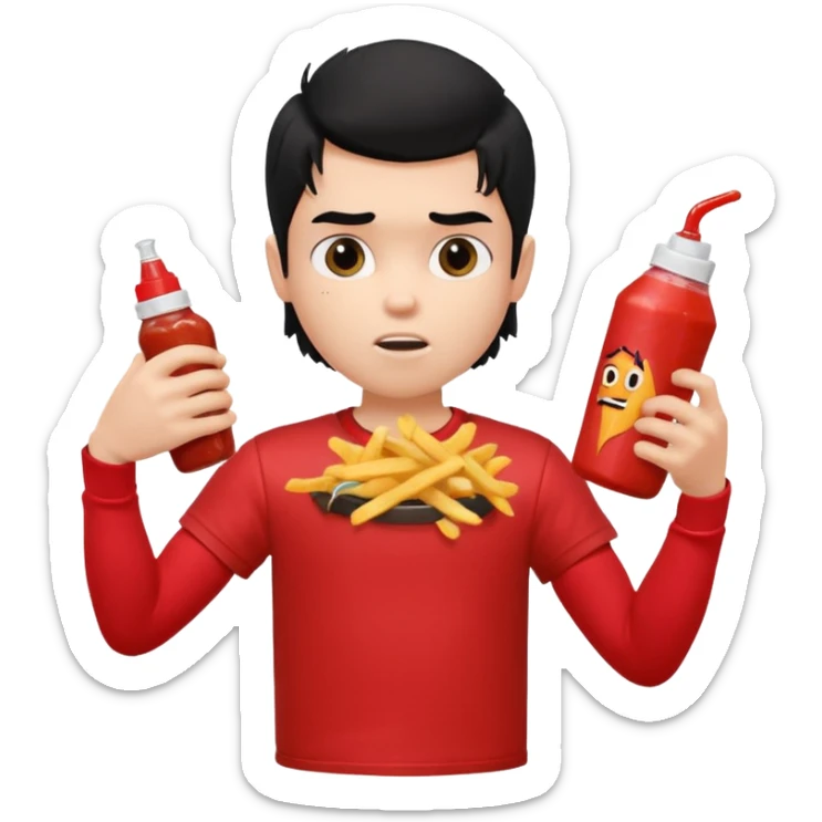 generate a pretty fair bratz boy with a messy mullet (black hair), wearing a red tshirt. eating fries, big biceps sticker
