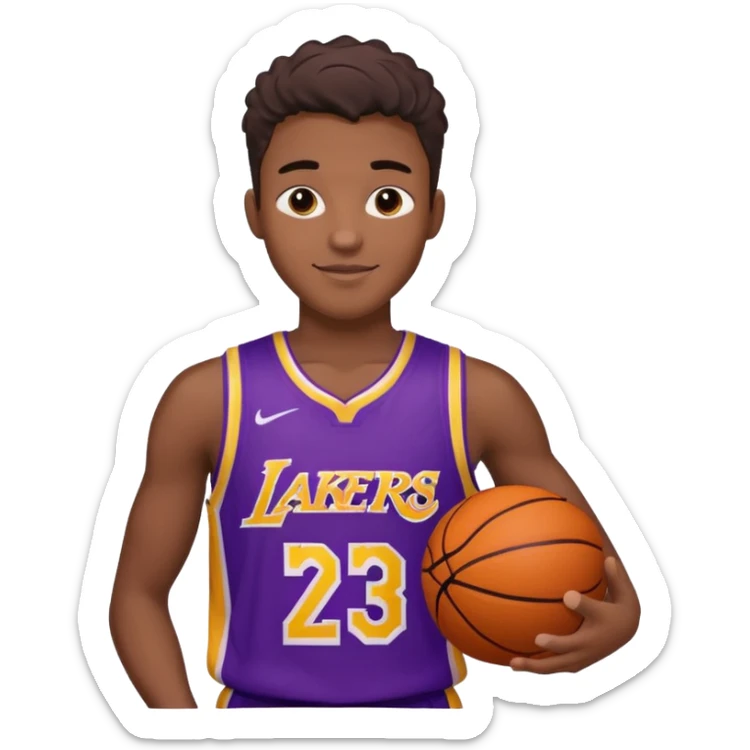 generate an ios genmoji of a handsome dark 20 year old in a purple lakers basketball jersey, basketball in hand, smirking sticker