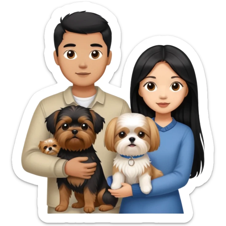 A beautiful Asian girl with long black hair is holding a Yorkshire Terrier. She is standing next to her brown skinned boyfriend, who is holding a Shih Tzu. They are each holding one dog each sticker
