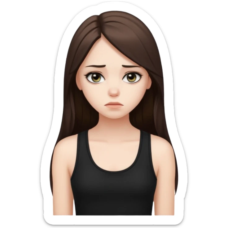 a fair girl with straight long brunette hair, black tank top, eyeliner on. Looking sad sticker