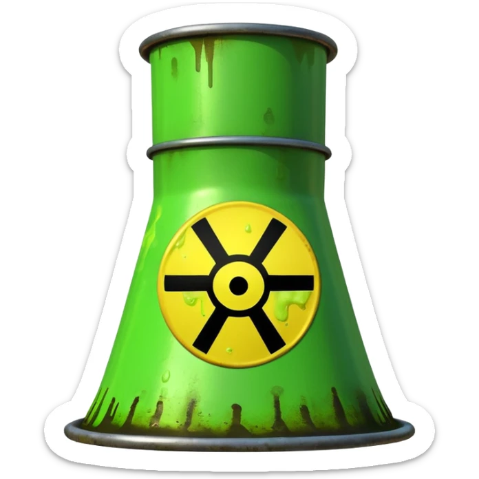 3D render of Nuclear Smokestack, toxic waste aesthetic, neon green bubbling liquid, caution yellow metal, industrial warning texture. sticker