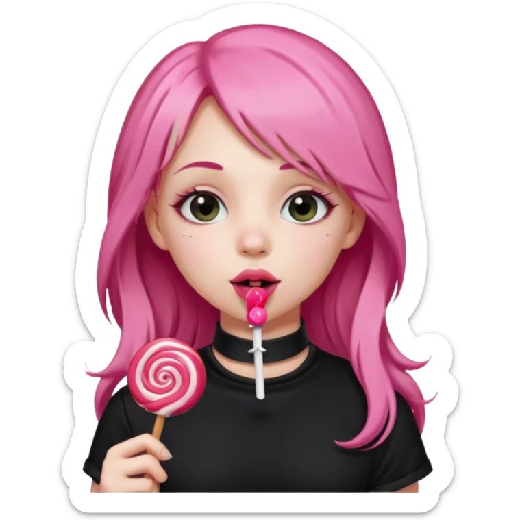 Cute girl with long pink hair wearing black, and a cute choker  licking a lolli sticker