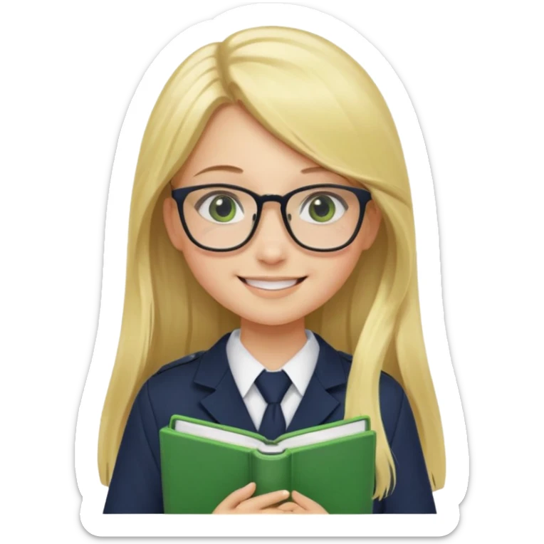 Girl student wearing uniform, glasses, hold green book in front of their chest, blonde long straight hair, white skin sticker