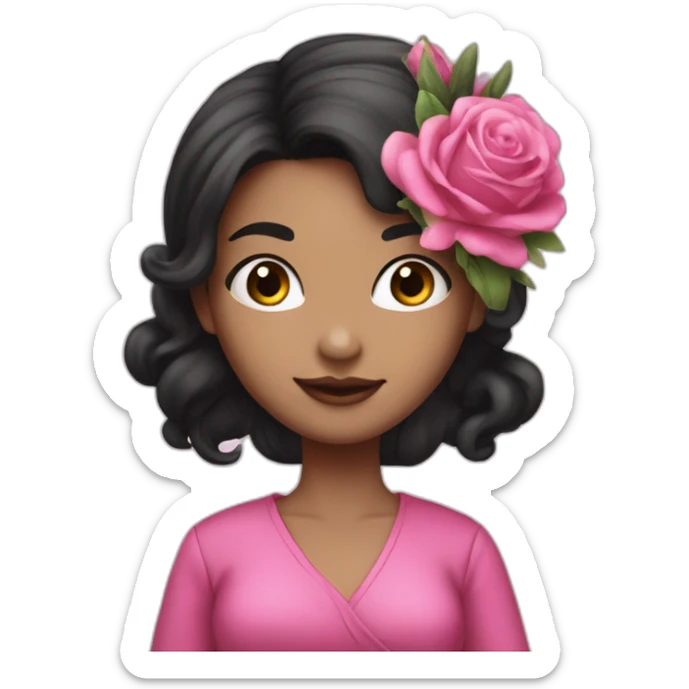 45 degree posting - white skin girl - black hair one bun - wearing crazy pink cloth -holding bouquet sticker