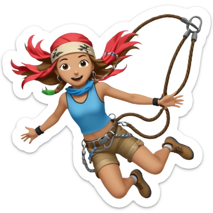 bungee jumping face in action with earrings and long hair flying away and bandana sticker