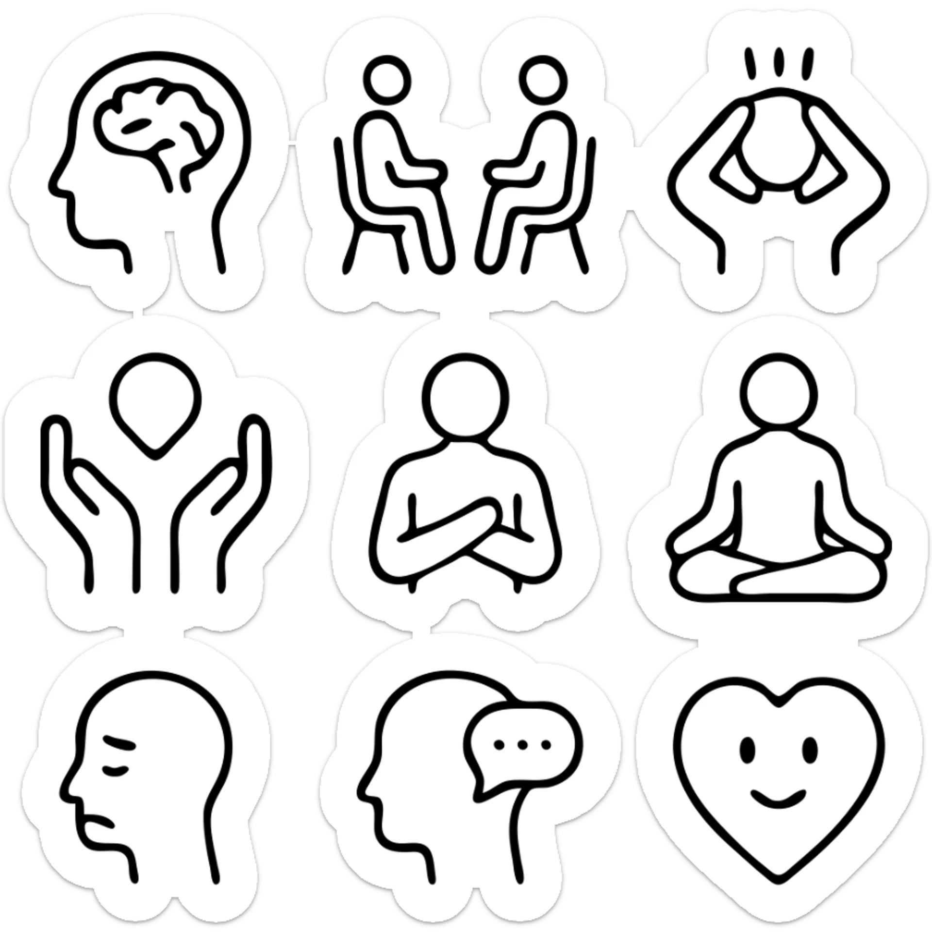 Mental Health icon set. Wellness and psychology related line icons: brain, therapy, stress, support, self-care, mindfulness, meditation, depression, counseling and emotion . Editable stroke.
 sticker