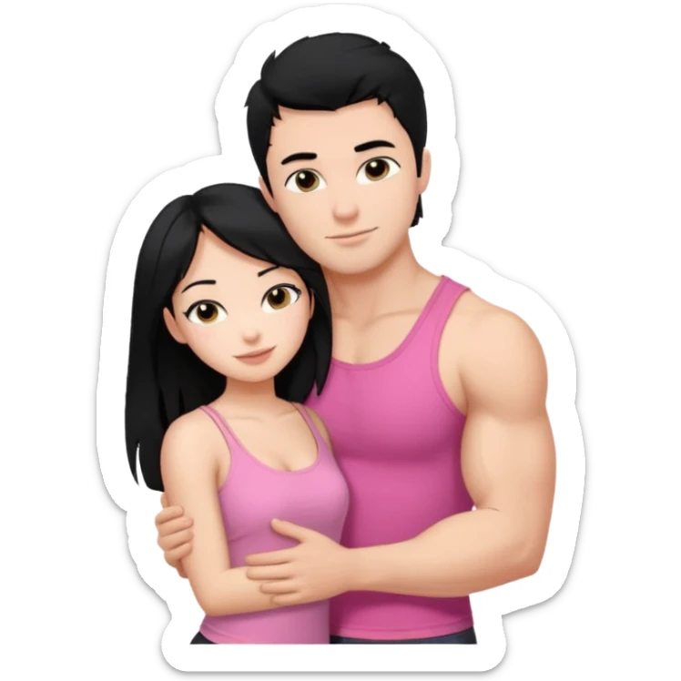 a pretty bratz fair girl. black hair, wearing a pink cami top hugging a handsome fair guy with black hair. lean but muscular who is wearing a black tee sticker