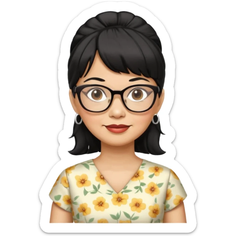 filipino woman black hair in one pony tail with straight bangs and big glasses, 60 yr old, nice dress

 sticker
