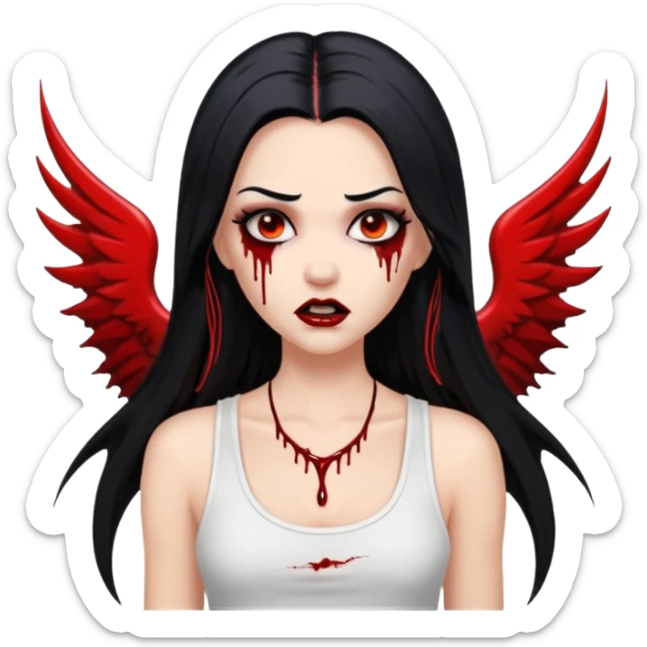 White woman with a white tank top long black hair glossy middle part long hair vamp look with fangs or blood dripping down lips brown eyes eyeliner winged with lashes top and bottom white border sticker