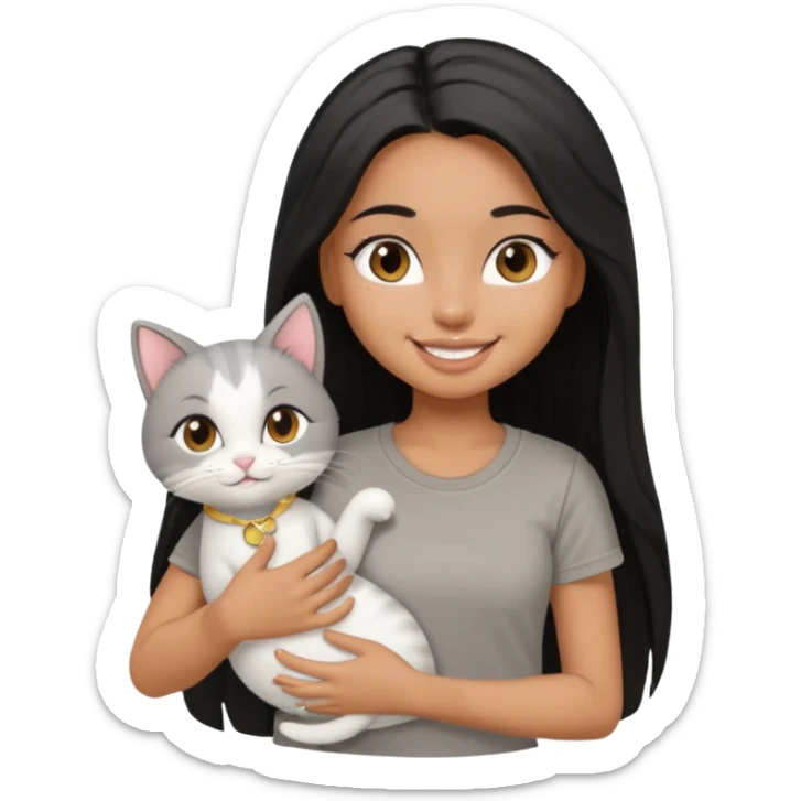 a pretty tan bratz girl with black long straight hair, wearing a grey tshirt smiling and holding a white cat\ sticker