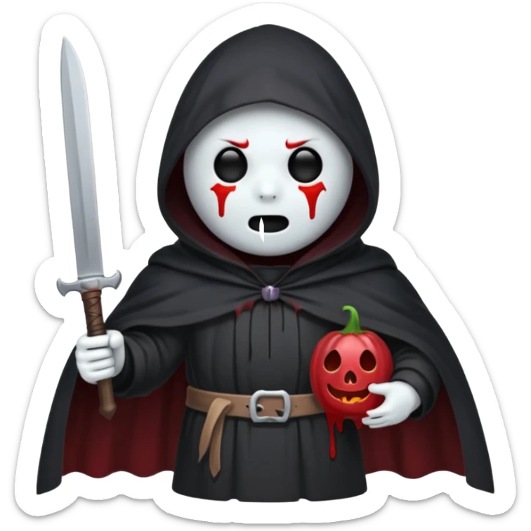 make a ghost face emoji with a cloak on and a bloody knife from the movie scream sticker