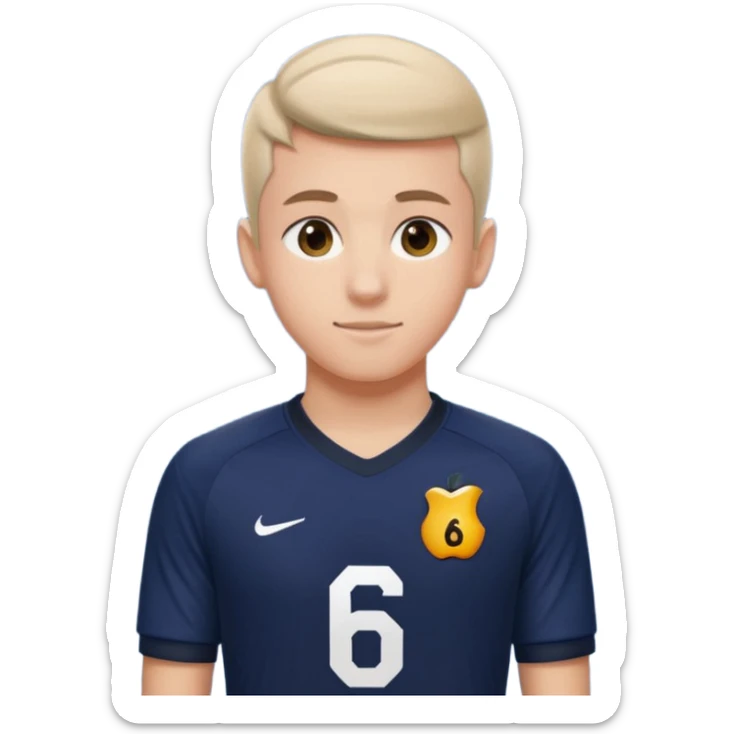 Apple emoji style 21 year old soccer player standing hands on waist, dark navy jersey #6, realistic lighting sticker