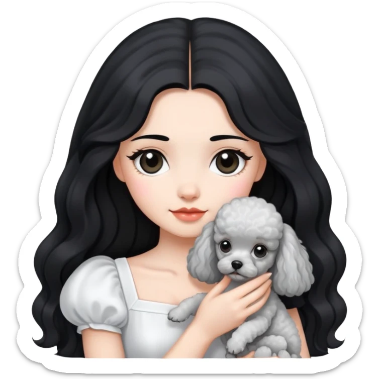 beautiful girl with long black hair in a white dress holding a small gray poodle sticker