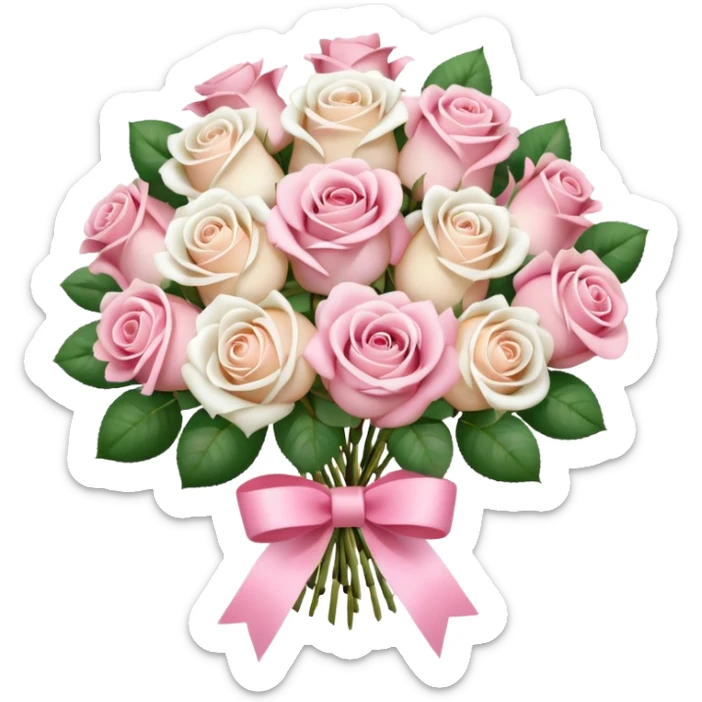 round bouquet of light pink, and white roses with pink wrapping sticker