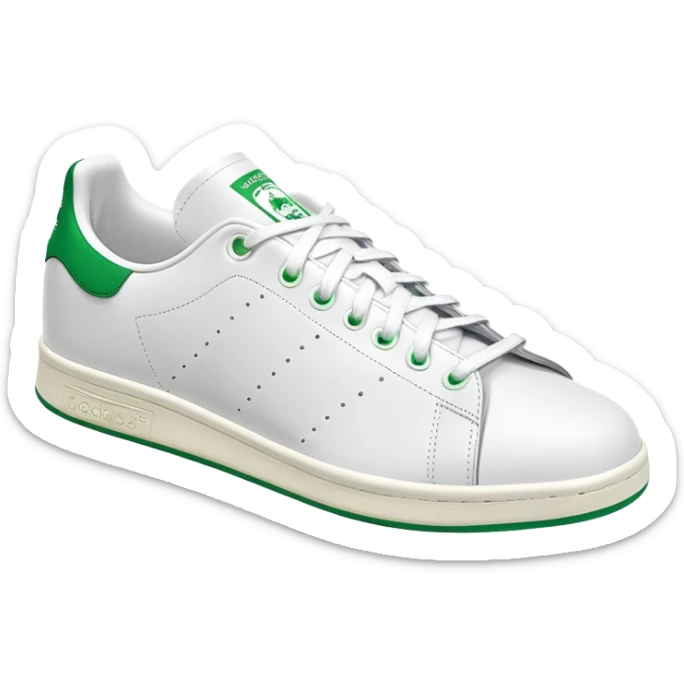 Adidas Stan Smith in white and green colorway, simple clean tennis shoe, white leather with green details, angled view, isolated sticker