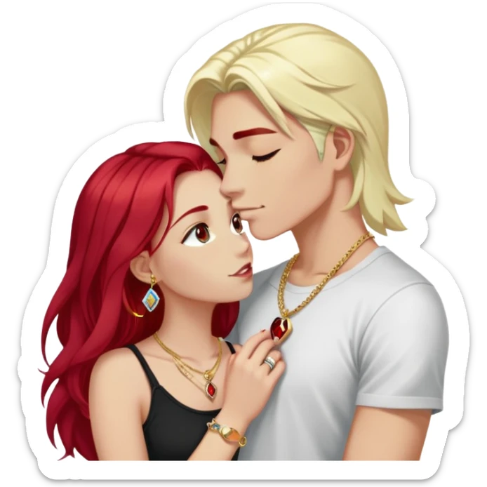 young 20 year old couple kissing, girl with long cherry red hair and dark blonde eyebrows wearing gold necklace with letter A, diamond gold ring, red bracelet and light clothes, boy with bright white hair wearing dark t-shirt and silver ring with black stone sticker