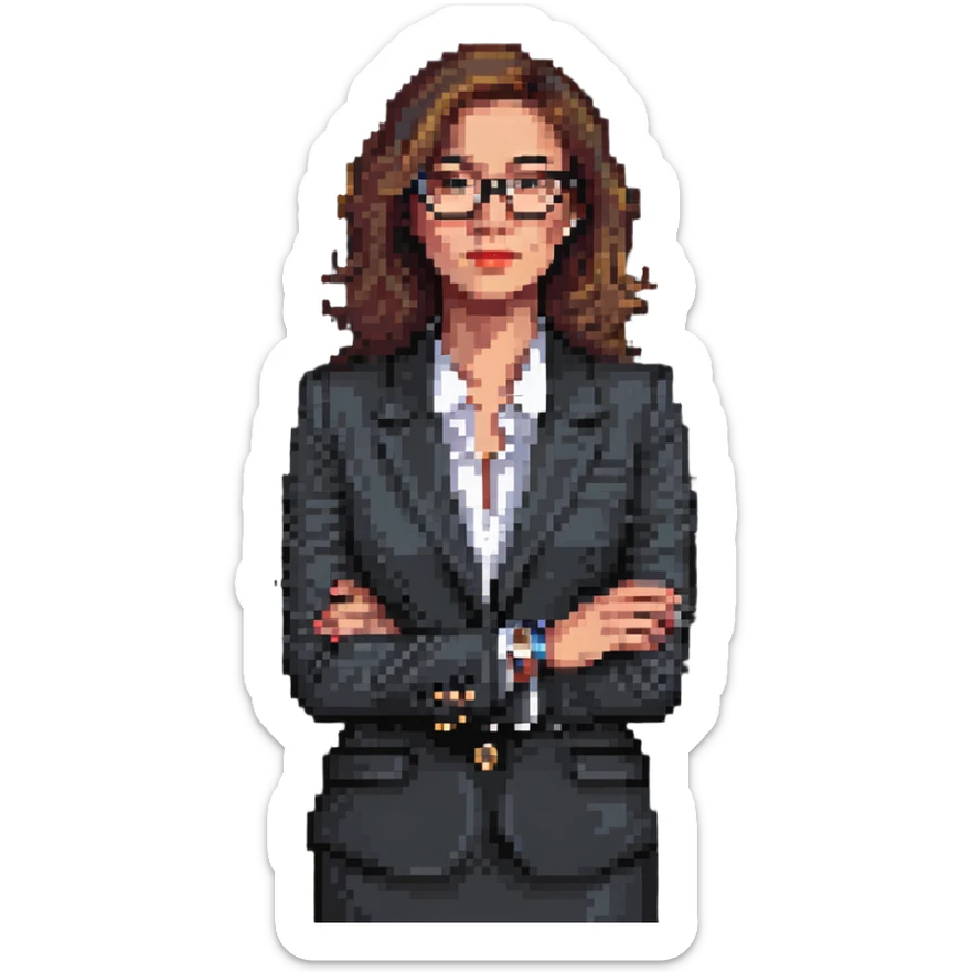 front-facing pixel art illustration of a thoughtful businesswoman from the waist up, wearing a sharp suit and stylish glasses, one hand under chin, gazing slightly to the side, luxury watch visible on wrist, expression of curiosity and contemplation, clean background sticker