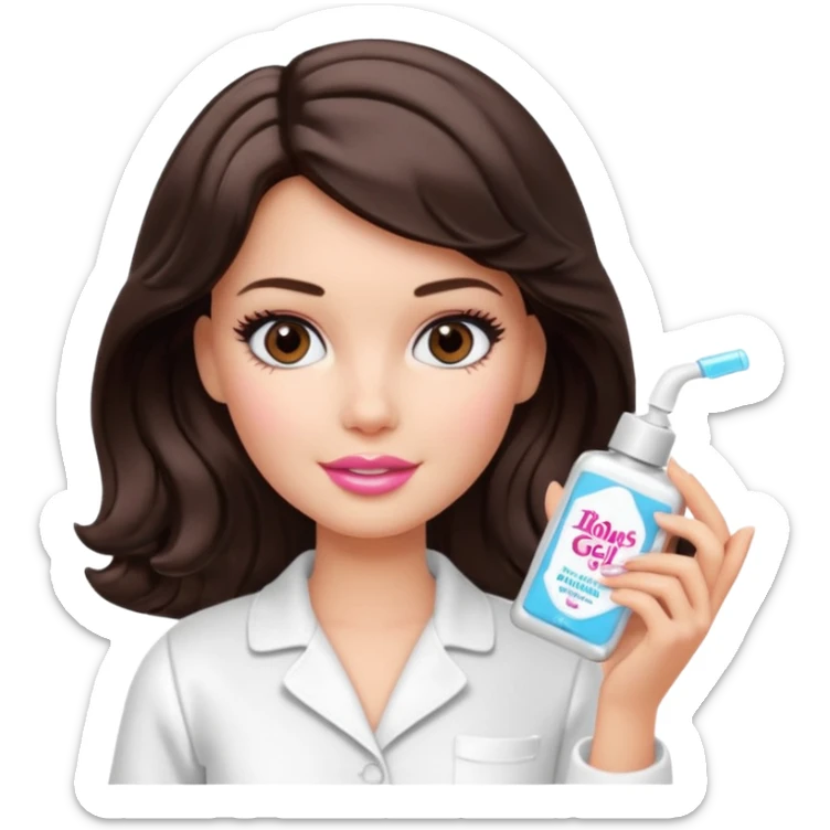 A Barbie girl with makeup, with short wavy dark brown hair in white pajamas, holding a facial gel in her hand sticker