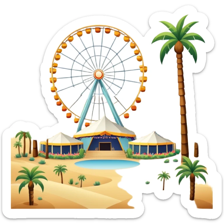 Coachella music festival with palm trees, ferris wheel, and concert stage in the desert sticker