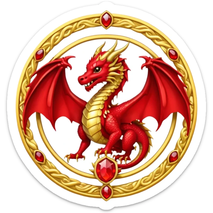 Golden dragon with wings crest / brosch in a circle with red gems and no background sticker