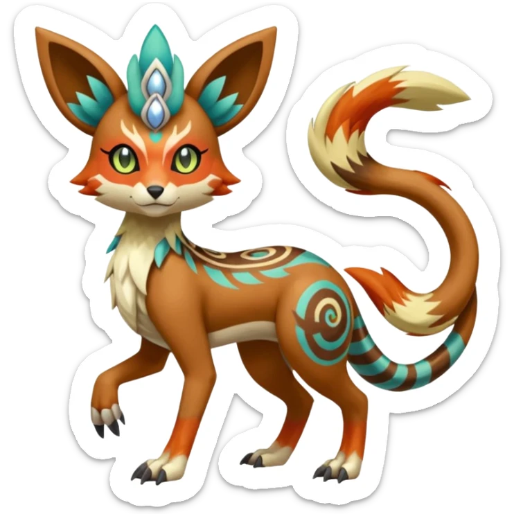Tribal Colorful Exotic Fionbri-Trico-Kalon-Falvie-Vernid-Meloetta-Pokémon-Fakémon-Digimon-Spectrobe-hybrid-fusion, full body sticker