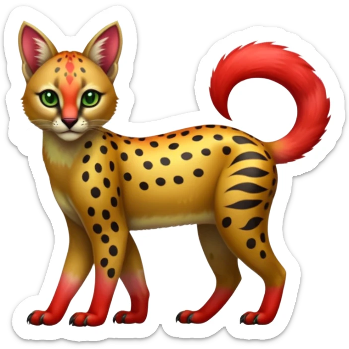 Colorful cute adorable shiny tropical exotic fruity kiwi-green lemony rosy neon-red Caracal-Cheetah-Civet-Trico-fusion-hybrid-animal-creature, full body, with tribal tattoos sticker