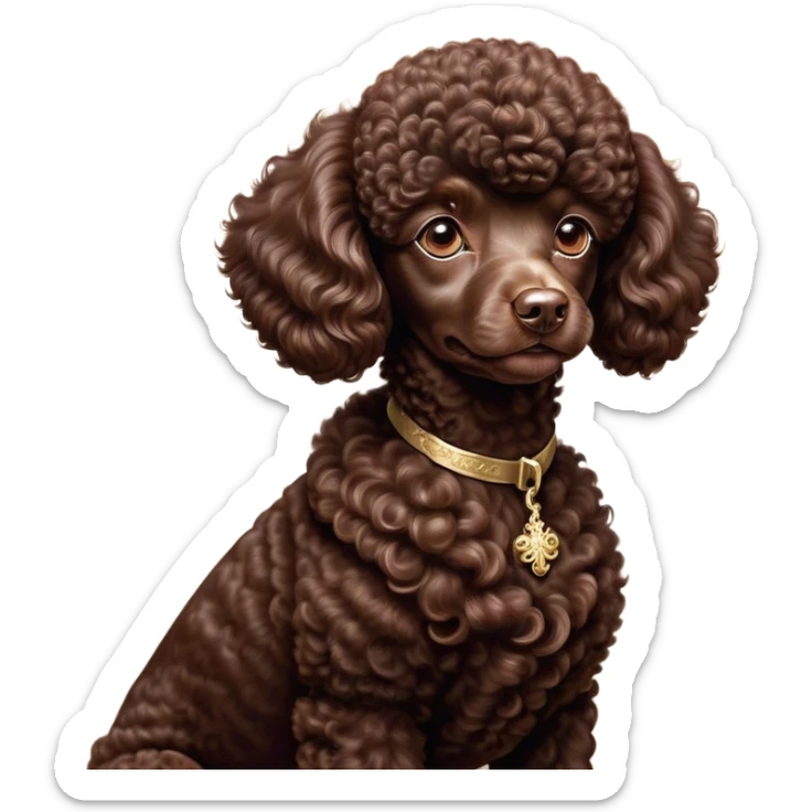 Cinematic Noble Chocolate Poodle Portrait Emoji, Poised and regal, with a refined, elegant build and a meticulously groomed, curly chocolate Fur, deep-set soulful brown eyes, Simplified yet sharp and sophisticated features, highly detailed, glowing with a soft, dignified glow, high shine, intelligent and graceful, stylized with an air of sophistication, focused and attentive, soft glowing outline, capturing the essence of a watchful and confident companion, so majestic it feels as though it could prance out of the screen with effortless authority! sticker