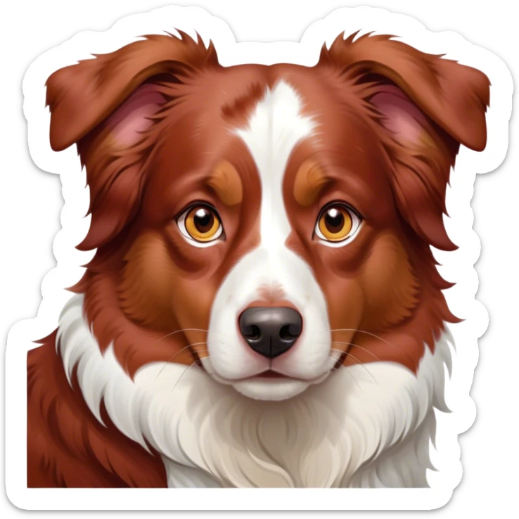Cinematic Noble Red Merle Australian Shepherd Portrait Emoji, Poised and regal, with a strong, agile build and a stunning red merle coat accented by subtle splashes of darker red and white, piercing amber eyes, Simplified yet sharp and sophisticated features, highly detailed, glowing with a soft, dignified glow, high shine, intelligent and loyal, stylized with an air of strength, focused and attentive, soft glowing outline, capturing the essence of a watchful and confident herder, so majestic it feels as though it could step out of the screen with effortless authority! sticker