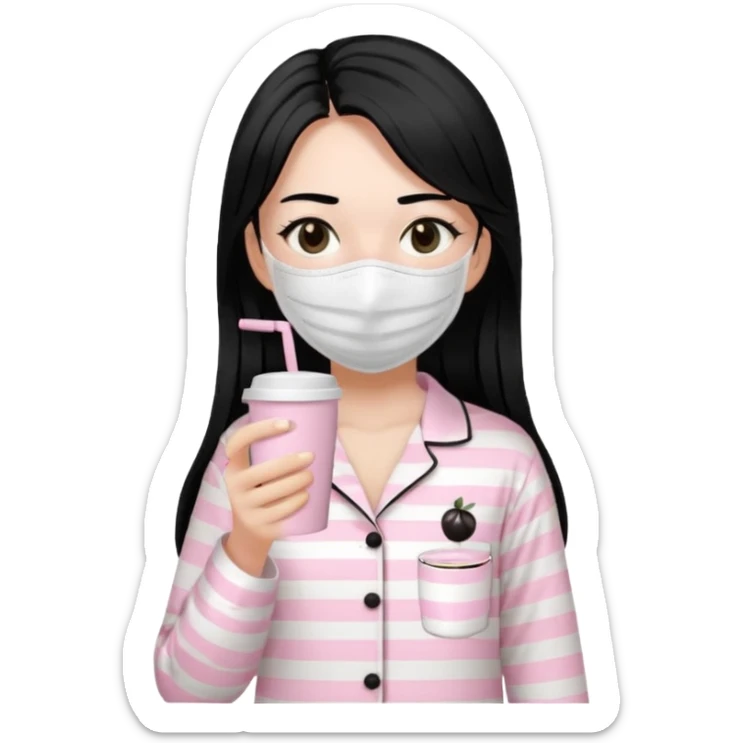 chica de pelo lacio color negro cabellera larga piyama blanca con rayas rosa claras peo no tan claras no oscuras el bordado es negro al igual que los botones )tiene una mascarilla para la carablanca y sostiene y cafe con bolitas nedras al dondo con unsorbete tranparente y es de test blanca  sticker