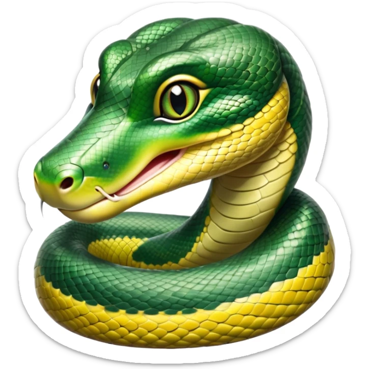 cinematic-cute-Green anaconda-portrait-emoji,-head-tilted-playfully-and-inquisitively,-with-a-sleek,-shimmering-body-adorned-with-detailed-scale-sriped patterns-and-round,-sparkling-eyes-full-of-wonder,-simplified-yet-irresistibly-adorable-features sticker