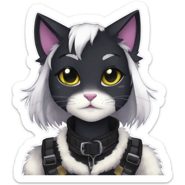 Gorgeous furry dark techwear anime style anthro black cat furry sona Fakémon aesthetic and pretty edgy black with collar and harness trending style sticker