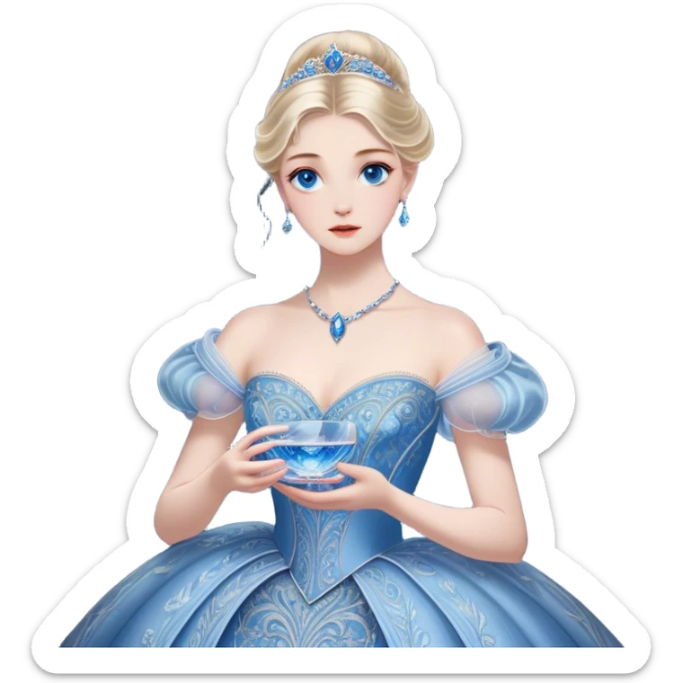 Cinematic Realistic Cinderella Portrait, depicted with lifelike skin texture, subtle rosy undertones, and soft natural lighting that enhances the gentle contours of her face. Her intricately detailed golden blonde hair is elegantly styled in an updo, with delicate wisps framing her face. Her deep, expressive blue eyes radiate warmth and sincerity, reflecting a quiet resilience and grace. She holds a glass slipper gently in one hand, her other hand resting gracefully at her side, emphasizing the timeless beauty of the moment. She is dressed in her iconic ball gown, the fabric shimmering with intricate embroidery and fine translucent layers that catch the light beautifully. The soft sheen of satin gloves adds a magical touch to her graceful pose. The portrait features an enchanting glow with a natural, luminous finish, seamlessly blending realism and fairytale charm to evoke a sense of depth, elegance, and timeless beauty. sticker