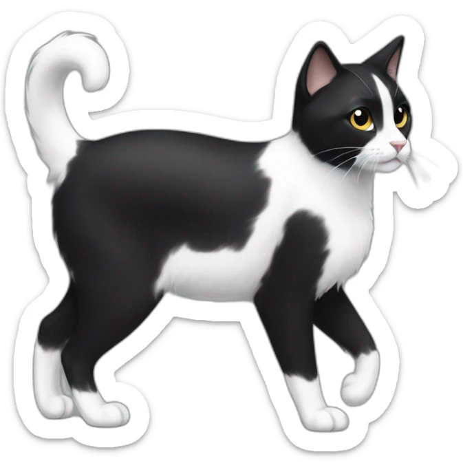black and white cat walking profile whole body black, whispy fur on tip of ears, white paws and black legs, black tail, black neck, white chest and stomach sticker