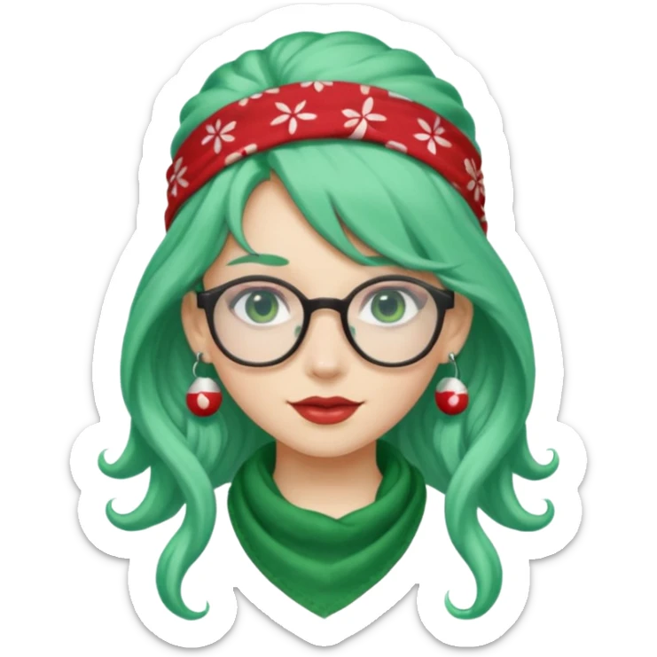 girl with long curly peppermint green hair and single-color bandana and glassess and earring sticker