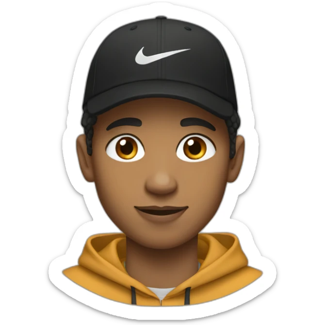 light brown boy with hair until his ears wearing a black nike cap and nike hoodie sticker
