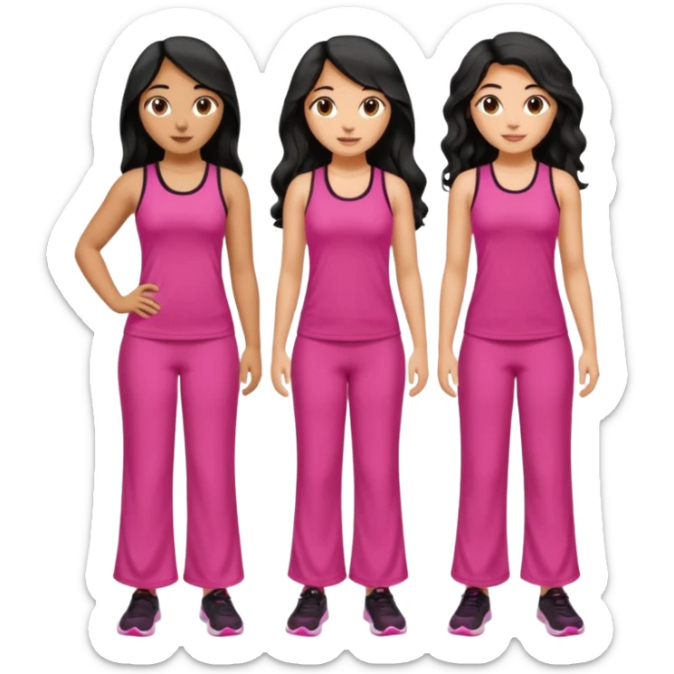 3 olive skin tone best friends. First one wearing pink gym attire modest with long black hair wavy. Second one wearing a pink fitted long maxi dress with curves long black hair and the last one wearing pink casual clothes with brown mid length hair sticker