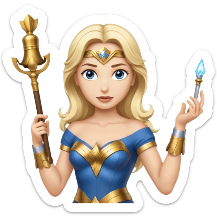 Blonde blue eyed Wonder Woman holding white orchestra conductor’s baton and bell sticker