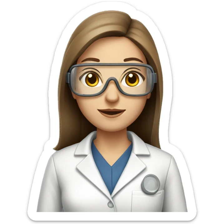 Pharmaceutical scientist woman with clear goggles, long straight brown hair and eyes and pale tan skin sticker
