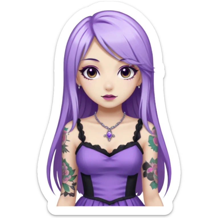 hime gyaru girl, long straight white and purple hair, tattoos, dark makeup,  sticker