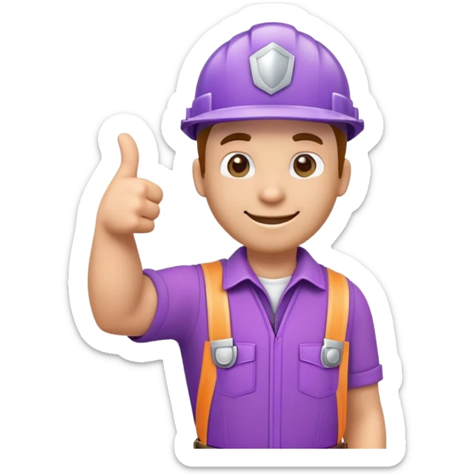 3D emoji of a handyman in purple uniform giving thumbs up, with checkmark and sparkles, happy tone sticker