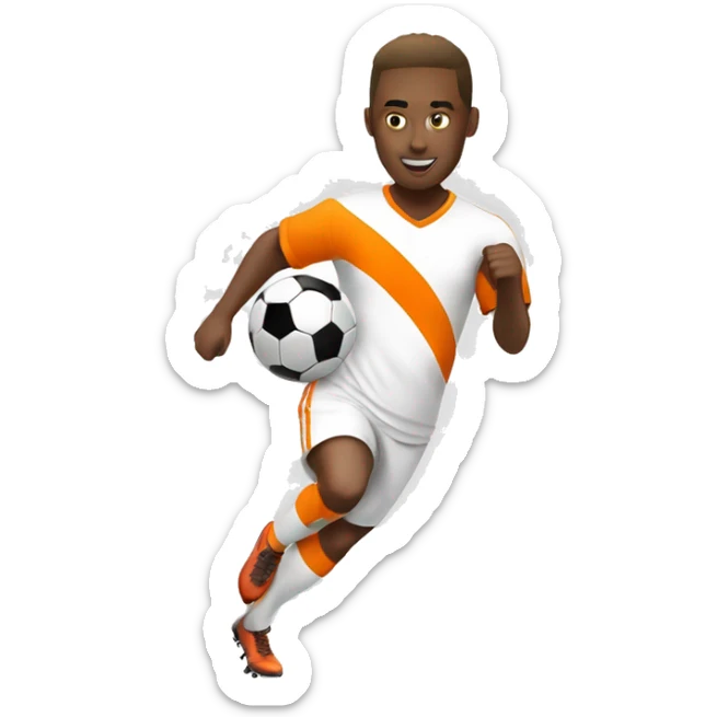 soccer player running white uniform wih some orage stripes, withut a ball sticker