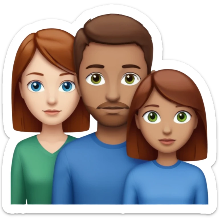 One woman with blue eyes, brown hair, light skin standing next to another woman with darker red brown hair, lighter skin, and green eyes, standing next to a man with no facial hair, blue eyes, and short brown hair sticker