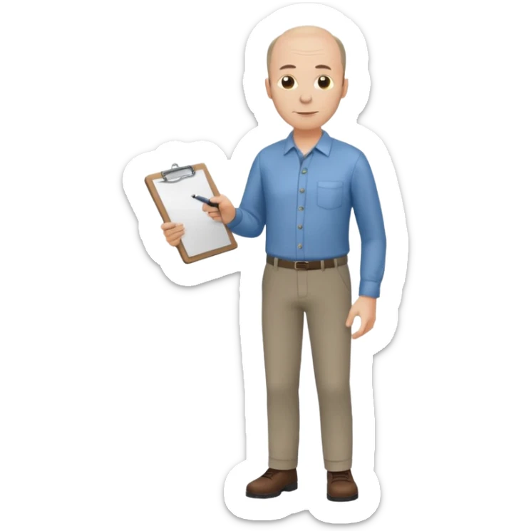 man, mid 40's shirt and trousers balding hairline, full body, standing, holding a clipboard sticker