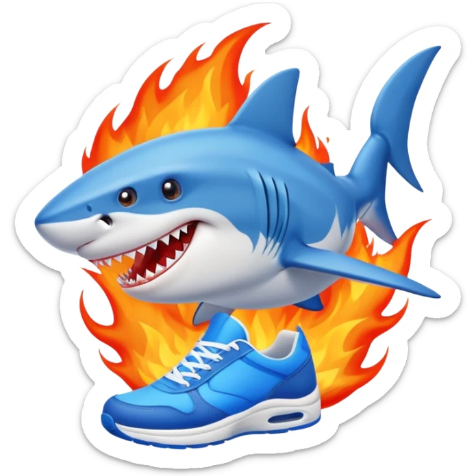 tiburón con zapatillas celestes y con fuego de fondo sticker