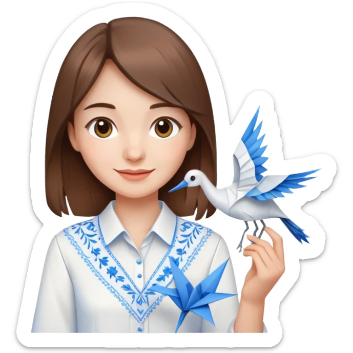 A happy Ukrainian young girl with brown hair in a white embroidered shirt holds an origami blue crane sticker