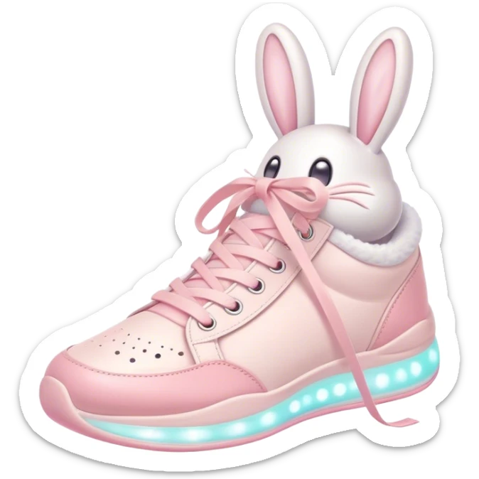 Cute Kawaii Shoe, small and bouncy, soft pastel sneakers with glowing highlights, cute sparkling eyes, a happy cheerful expression, laces tied like bunny ears! sticker