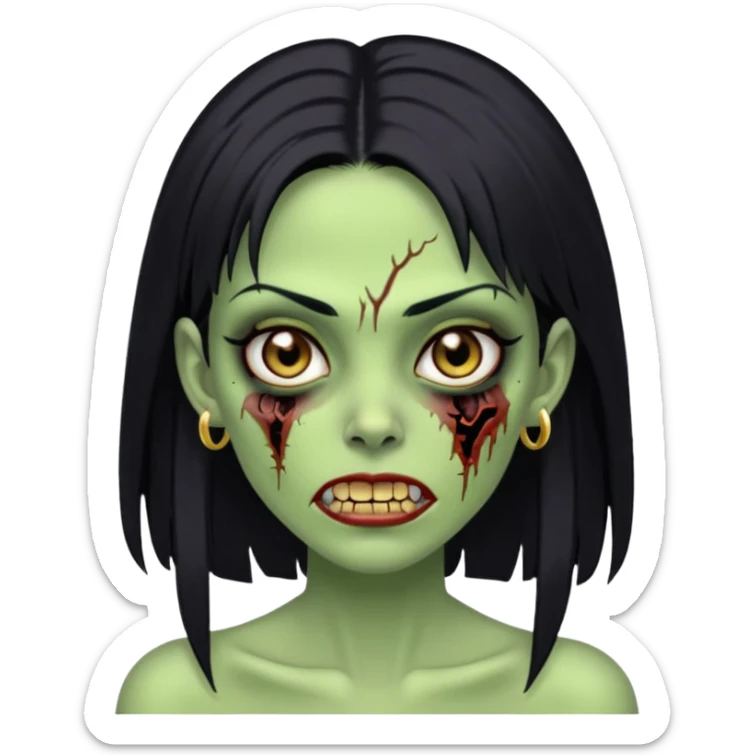 Faça uma zombie mulher bonita verde com olhos castanhos cabelos pretos liso com estilo y2k e com dentes de ouro sticker