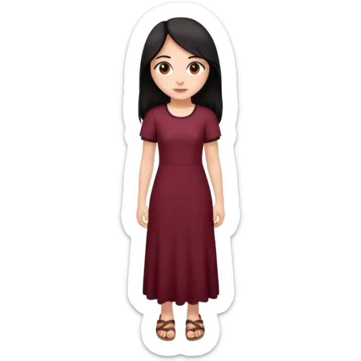 Chica blanca ,ojos marrones, vestido granate ajustado largo,manga corta,  cuerpo entero ,pelo negro y largo sandalias sticker
