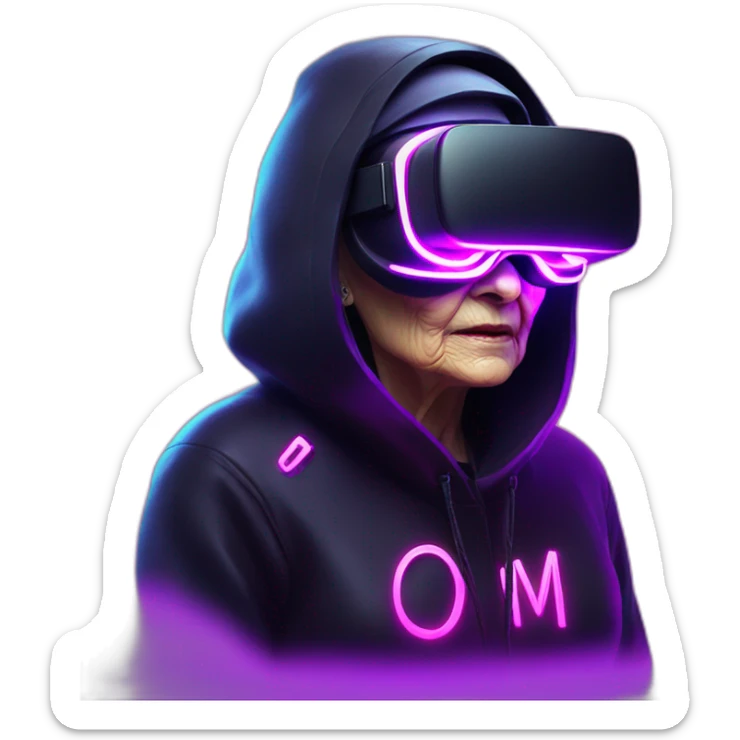 Russian old woman wearing a black hoodie with "OMG" letters on it and VR headset in a cyberpunk VR environment with violet neon lighting. sticker