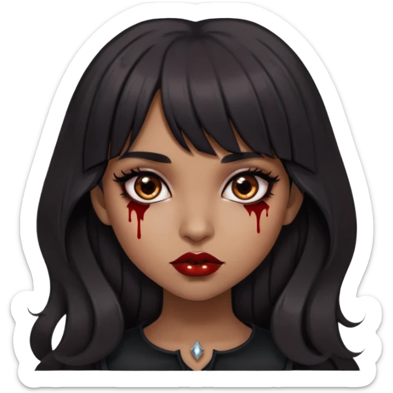 Brown girl but not too dark, super black hair, wavy hair and straight bangs, brown eyes, vampiric or gothic appearance, a little blood only on the lips, skin tone is kind of brown, she's not that tanned  sticker